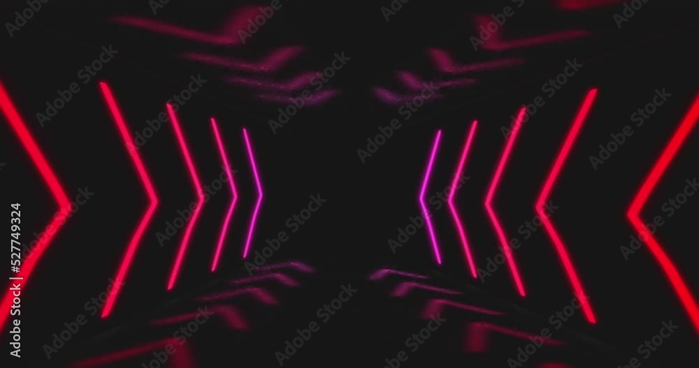 Animation of red and pink neon light lines moving in hypnotic motion on black background
