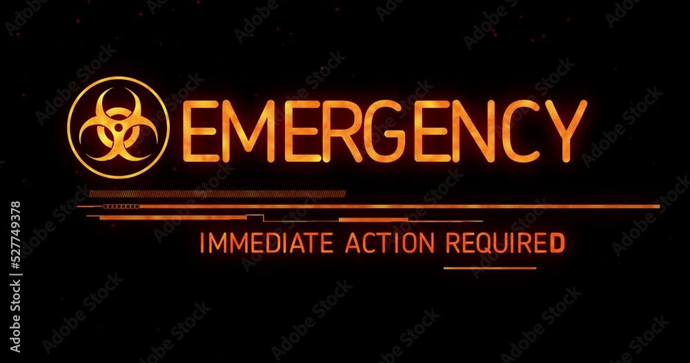 Animation of emergency text with biohazard symbol on black background