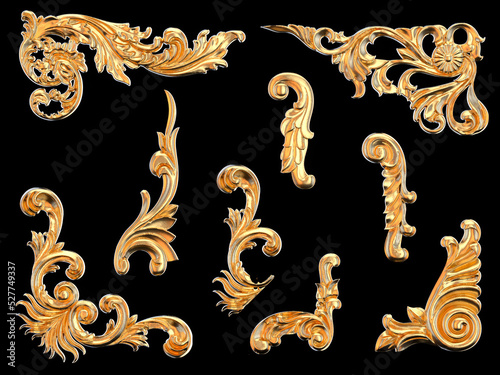 beautiful gold vintage ornament decoration set - 3d render of vintage deco