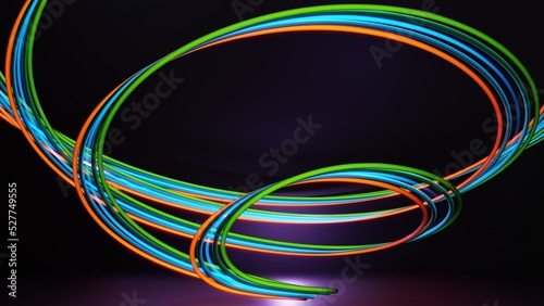 Curve swirl with orange green and blue glow on a dark purple background. Smooth light lines. 3D illustration