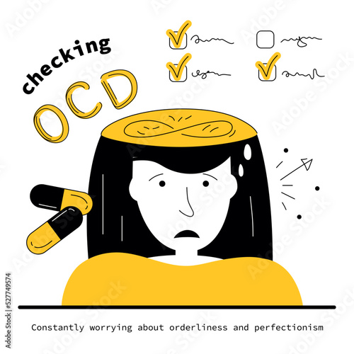 Syndrome OCD and intrusive thoughts and checking things. Vector illustration obsessive compulsive disorder symptoms of human fear, neurosis and panic attack.