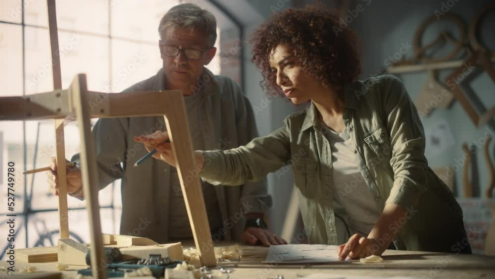 Close Up Portrait of Two Carpenters Working Together in a Carpentry Workshop. Multicultural Man and Female Colleagues Looking at a Blueprint on Paper and Discussing a New Chair Design. Close Up Portrait of Two Carpenters Working Together in a Carpentry Workshop. Multicultural Man and Female Colleagues Looking at a Blueprint on Paper and Discussing a New Chair Design.