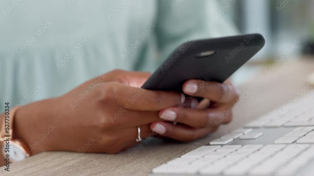Phone, networking and communication with the hands of a business woman typing a message on a mobile in her office. Contact us, social media and email with wifi and wireless technology at work Phone, networking and communication with the hands of a business woman typing a message on a mobile in her office. Contact us, social media and email with wifi and wireless technology at work