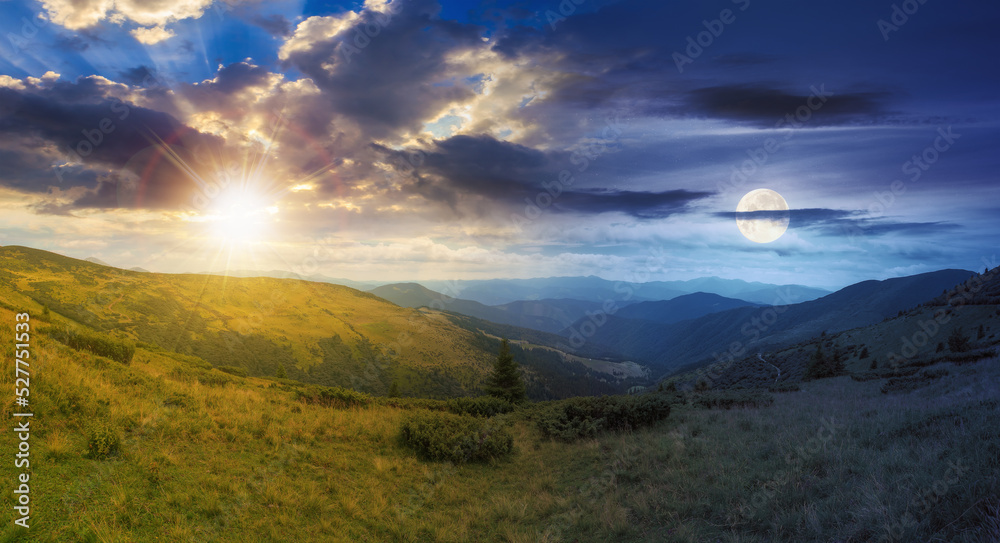 panoramic view in to the chornohora ridge valley at twilight. day and night time change concept. stunning landscape of carpathian mountains with sun and moon in summer. travel ukraine