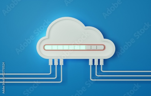 White cloud with uploading progress bar and cable lines, cloud data storage technology concept, 3d render illustration.