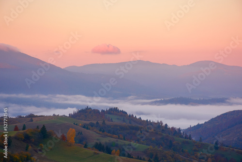 carpathian rural landscape at dawn. hills with trees in colorful foliage. fog in the distant valley. clouds and sky in red morning light