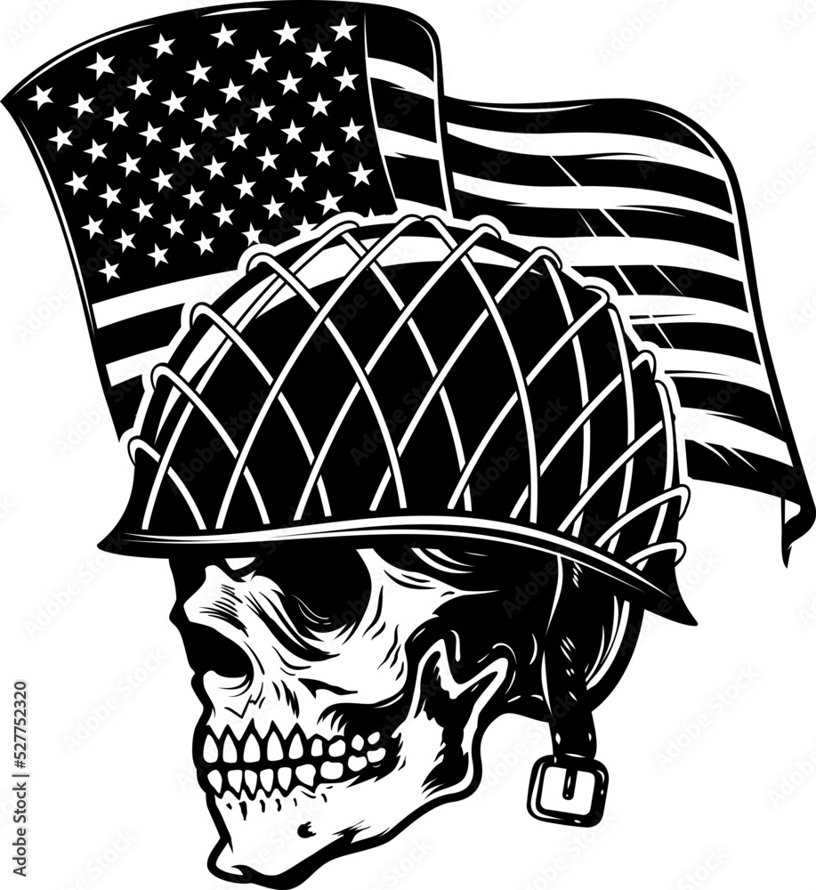 Skull in army helmet on usa flag background. Soldier skull. Design ...