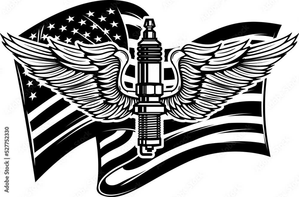 Fototapeta premium Illustration of winged spark plug on american flag background. Design element for poster, card, banner, sign, emblem. Vector illustration