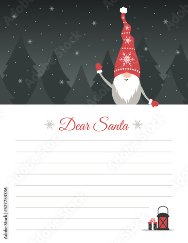 Template for letter to Santa Claus. Christmas layout with cute gnome for wish lists, greeting cards and invitations. Ornate postcard for winter holidays. Vector illustration in flat cartoon style.