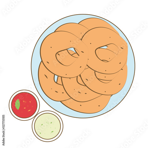 Indian cuisine- Medu vada sambar chatni on ceramic plate