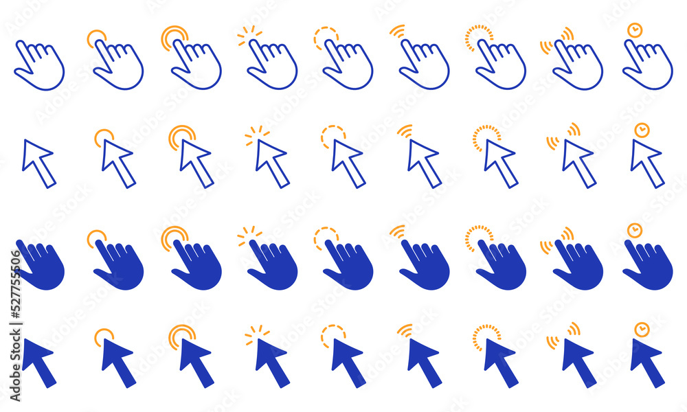 Cursor Computer Pointer Line and Silhouette Icon Set. Internet Website App Press Tap Link Choice Button Interface. Arrow and Hand with Finger Digital Mouse Click. Isolated Vector Illustration