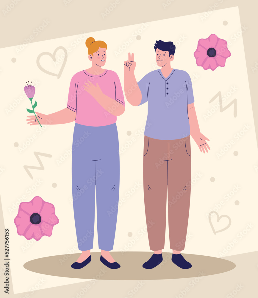 friends couple with pink flowers friends couple with pink flowers