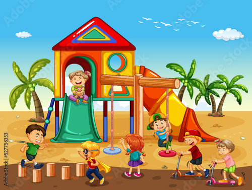 Beach playground with happy children
