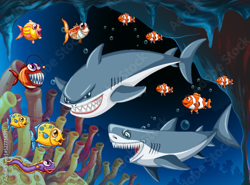 Angry shark underwater scene