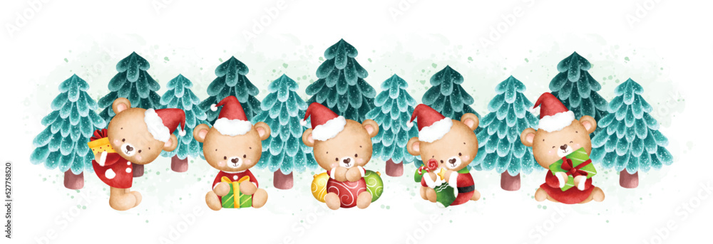 Watercolor Illustration Christmas banner Cute Teddy bears and Christmas tree