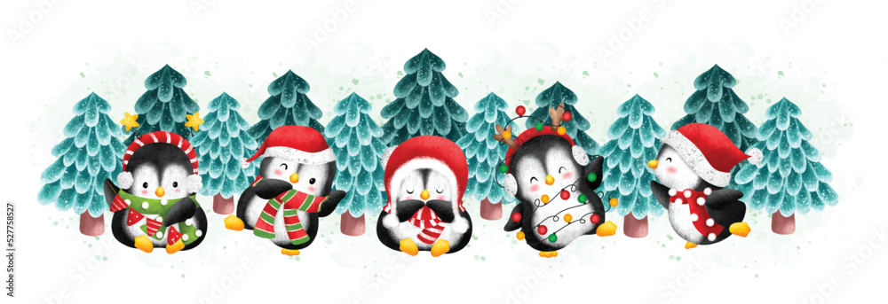 Watercolor Illustration Christmas banner Penguin and Christmas tree