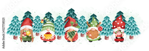 Watercolor Illustration Christmas banner Gnome and Christmas tree