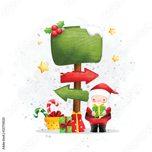 Watercolor Illustration Santa Claus and Christmas direction sign board