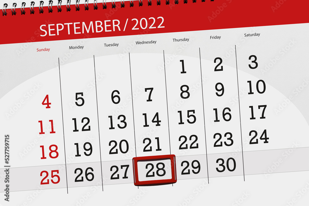 Calendar planner for the month september 2022, deadline day, 28, wednesday - obrazy, fototapety, plakaty 