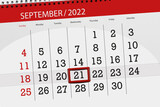 Calendar planner for the month september 2022, deadline day, 21, wednesday
