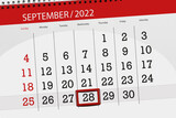 Calendar planner for the month september 2022, deadline day, 28, wednesday