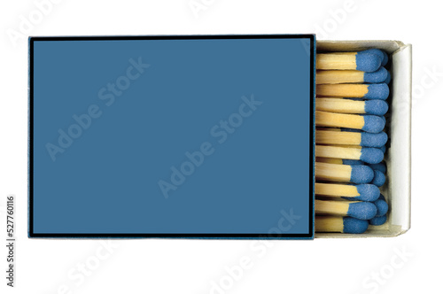 horizontal blue matchbox with matches on a white background photo