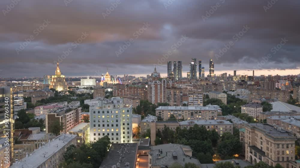 view of the center of Moscow from the roof, timelapse view of the center of Moscow from the roof, timelapse