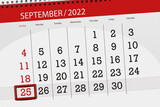 Calendar planner for the month september 2022, deadline day, 25, sunday