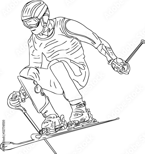 Ski Binding player vector, skier gliding on a snow cartoon doodle sketch drawing, line art silhouette of Man is skiing photo