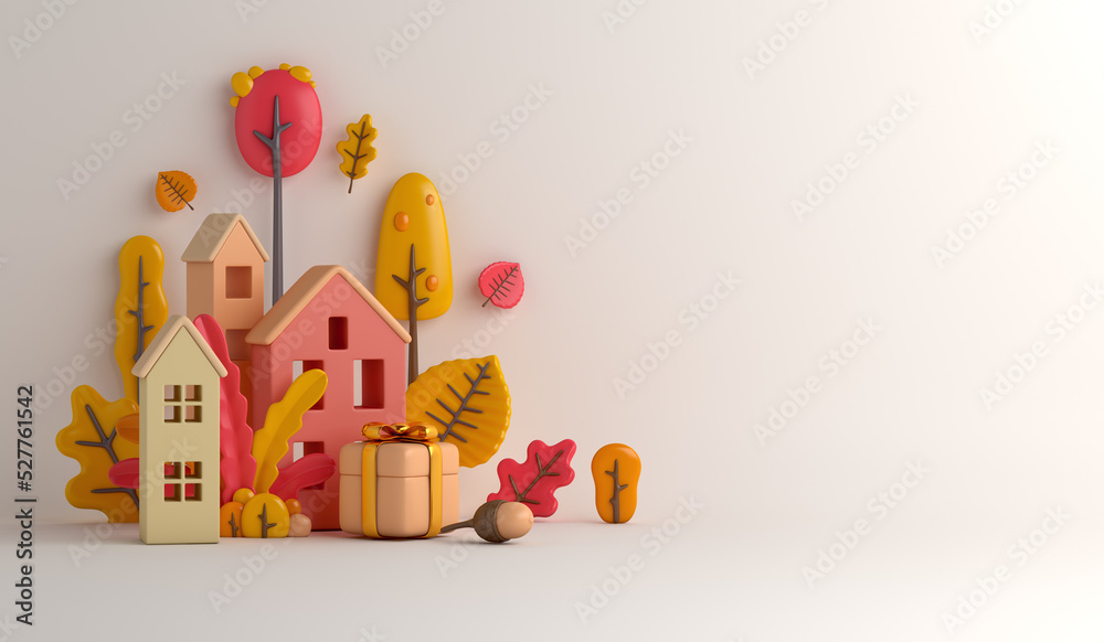 Autumn decoration background with trees house cartoon style, copy space text, 3d rendering illustration Autumn decoration background with trees house cartoon style, copy space text, 3d rendering illustration