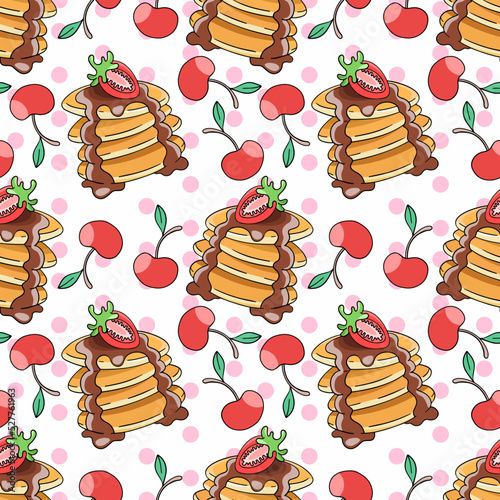 Pancakes and cherries, tasty breakfast, vector seamless pattern in the style of doodles, hand drawn