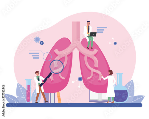 Laboratory Scientist Group Study Human Lung. Medical Treatment of Virus. Vector illustration for website