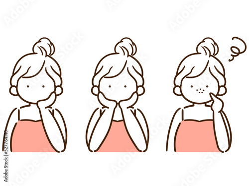 肌について考えるお団子ヘアの女性のおしゃれな線画イラストセット