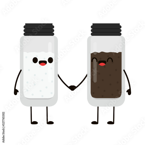 Salt and Pepper shaker vector. Cute cartoon salt and pepper shaker couple with smiling faces. Kawaii characters drawing vector.