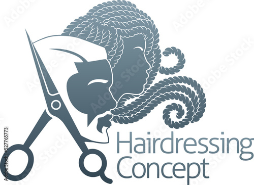 Hairdresser or hair salon concept icon with silhouette black man and woman and hairdressers scissors