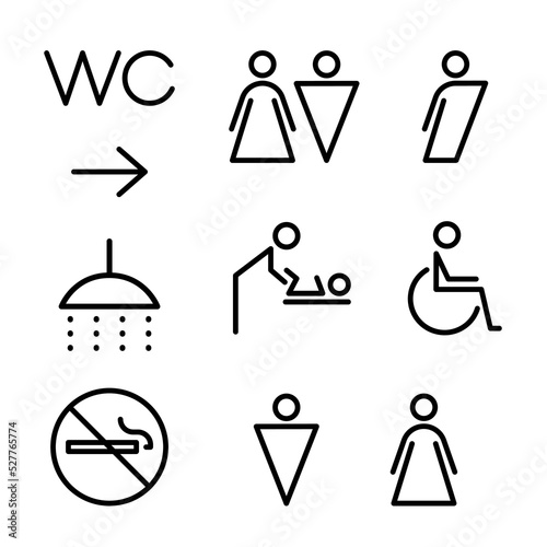 Wayfinding wc. Toilet outlined linear icon set. Washroom for men, women, disabled, transgender, baby room, bathroom, no smoking. Vector illustration.