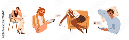 People with mobile phones wait for calls, online messages. Sad unhappy men, women with smartphones texting, expecting, hoping for smth. Flat graphic vector illustrations isolated on white background
