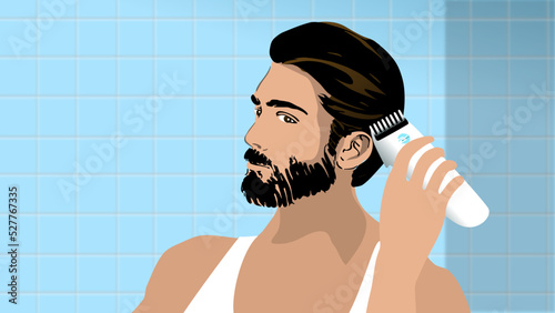 A handsome breaded man is shaving his own hair with a white hair clipper in front of a blue tiled wall, Wearing  in a white vest, realistic minimalist illustration vector