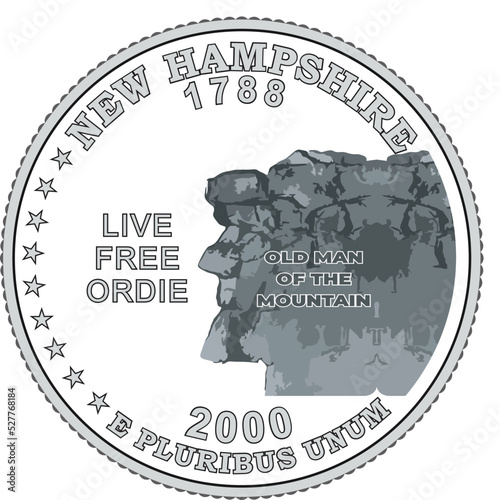 New Hampshire US Quarter Dollar Coin,  Coin 25 US cents. States and territories. Obverse and reverse sides of the New Hampshire State Commemorative Quarter, Vector.