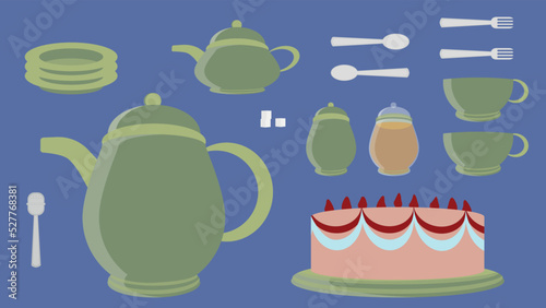 tea set cake teapot teacup honey sugar plates