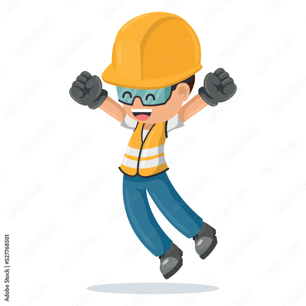 Industrial construction worker jumping happily in his personal protective equipment. Industrial safety and occupational health at work Industrial construction worker jumping happily in his personal protective equipment. Industrial safety and occupational health at work