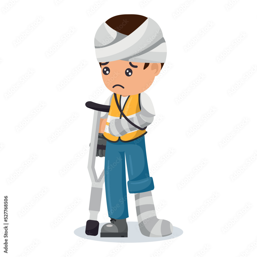 Injured industrial construction worker with bandages and cast on leg, arm and head after workplace accident. Industrial safety and occupational health at work