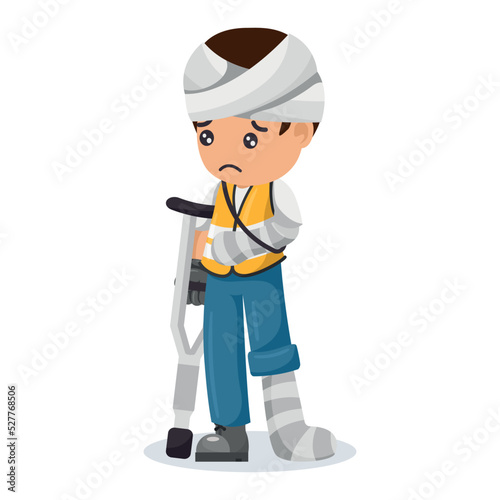 Injured industrial construction worker with bandages and cast on leg, arm and head after workplace accident. Industrial safety and occupational health at work