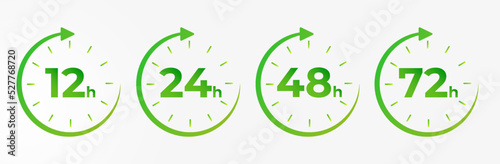 12, 24, 48, 72 hours clock arrow. symbol work time, delivery and service time, isolated green on white , Vector illustration