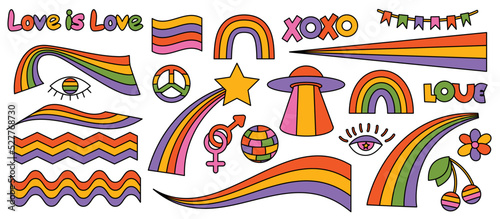 Set of hipster retro cool rainbow psychedelic elements. A collection of groovy cliparts iridescent from the 70s. editable stroke. Abstract design of cartoon stickers. Trend vector illustration