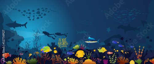 Underwater nature and marine wildlife.  of tropical fishes and coral reef on a blue sea background. Vector 
