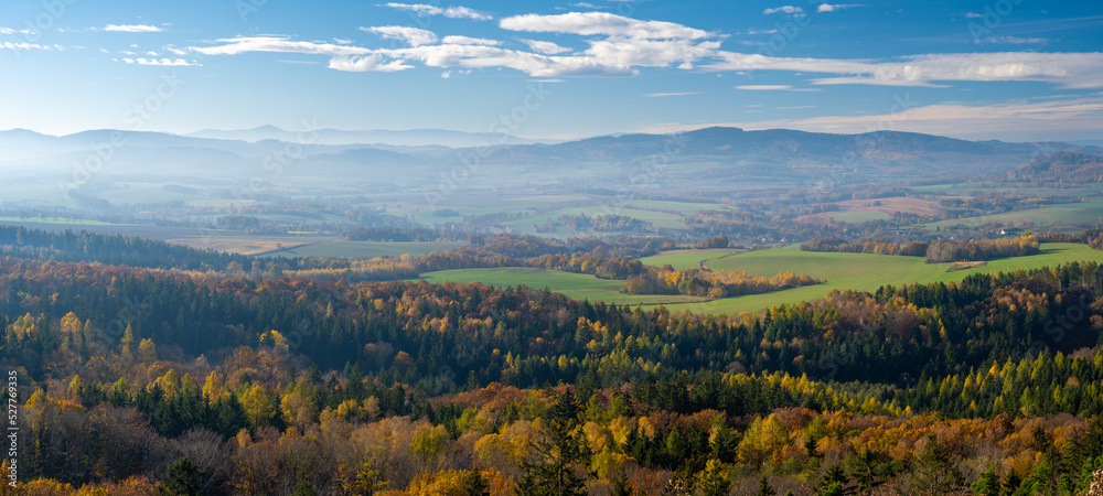 view on Kaczawskie mountains in Lower Silesia in Poland during autumn sunny day