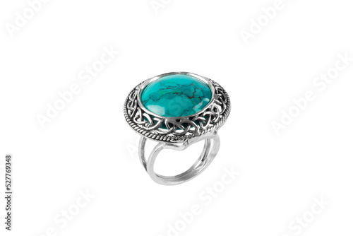 Silver jewelry ring with chrysocolla isolated on white background.