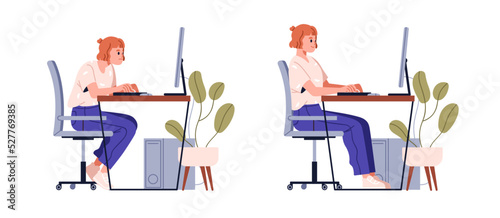 Correct good position vs bad incorrect posture for sitting at computer desk. Right and wrong back and neck poses of woman at workplace. Flat graphic vector illustration isolated on white background