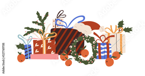 Christmas gift boxes with ribbons, bows in paper wrapping. Xmas holiday presents, surprises packages, decorations, wreath, New Year stuff. Colored flat vector illustration isolated on white background